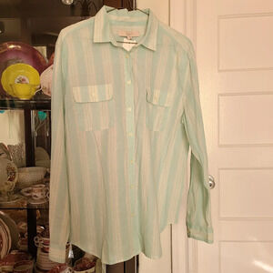 Loft Women's Striped Long Sleeve Button Down Shirt 100% Cotton Size Large NWT